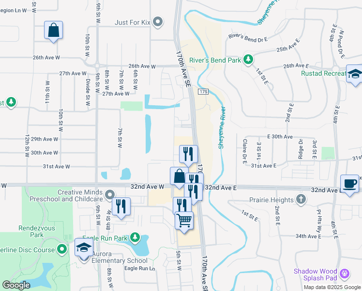 map of restaurants, bars, coffee shops, grocery stores, and more near 2920 Sheyenne Street in West Fargo