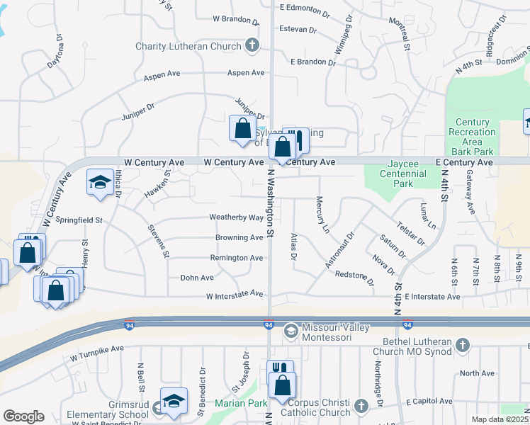 map of restaurants, bars, coffee shops, grocery stores, and more near 302 Weatherby Way in Bismarck