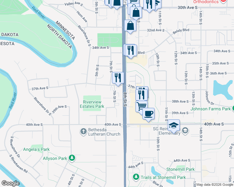 map of restaurants, bars, coffee shops, grocery stores, and more near 3740 7th Street South in Moorhead