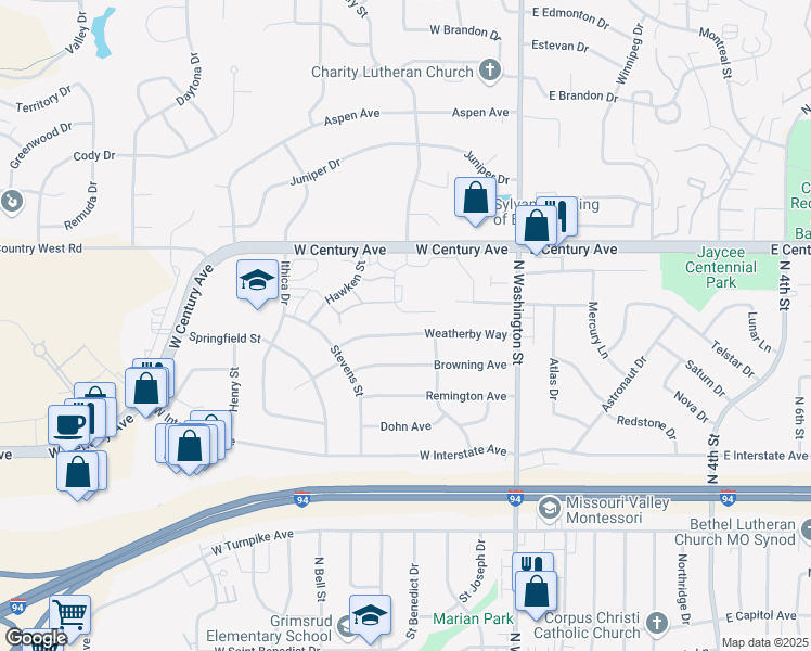 map of restaurants, bars, coffee shops, grocery stores, and more near 518 Weatherby Way in Bismarck