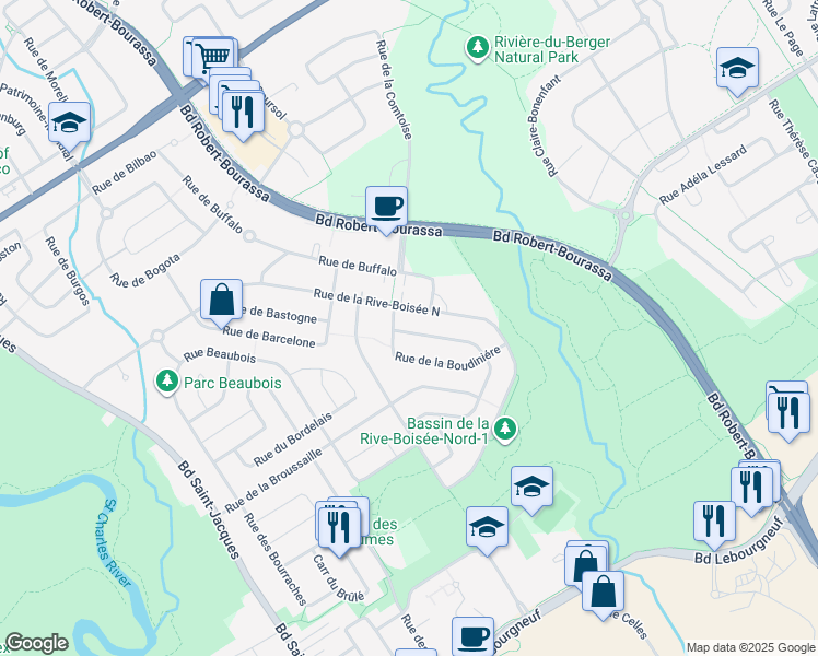 map of restaurants, bars, coffee shops, grocery stores, and more near 7280 Rue des Brise Vent in Québec City
