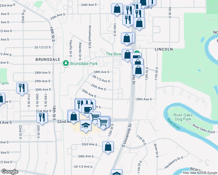 map of restaurants, bars, coffee shops, grocery stores, and more near 1505 29th Avenue South in Fargo