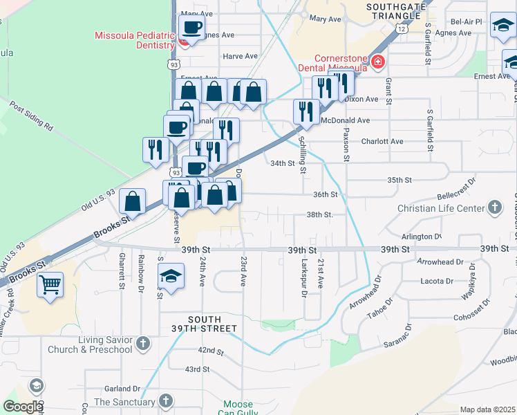 map of restaurants, bars, coffee shops, grocery stores, and more near 2235 36th Street in Missoula