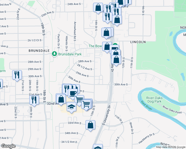 map of restaurants, bars, coffee shops, grocery stores, and more near 1505 29th Avenue South in Fargo