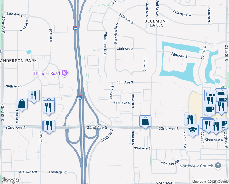 map of restaurants, bars, coffee shops, grocery stores, and more near 3064 34th Street South in Fargo