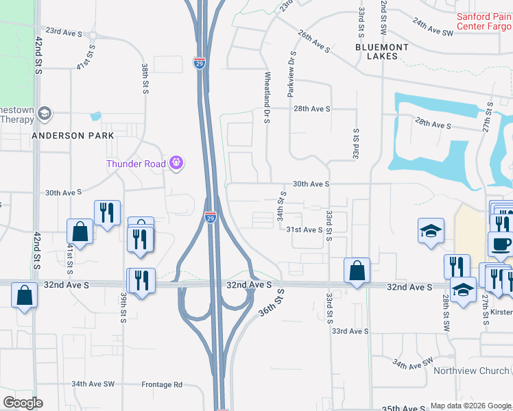 map of restaurants, bars, coffee shops, grocery stores, and more near 3020 36th Street South in Fargo