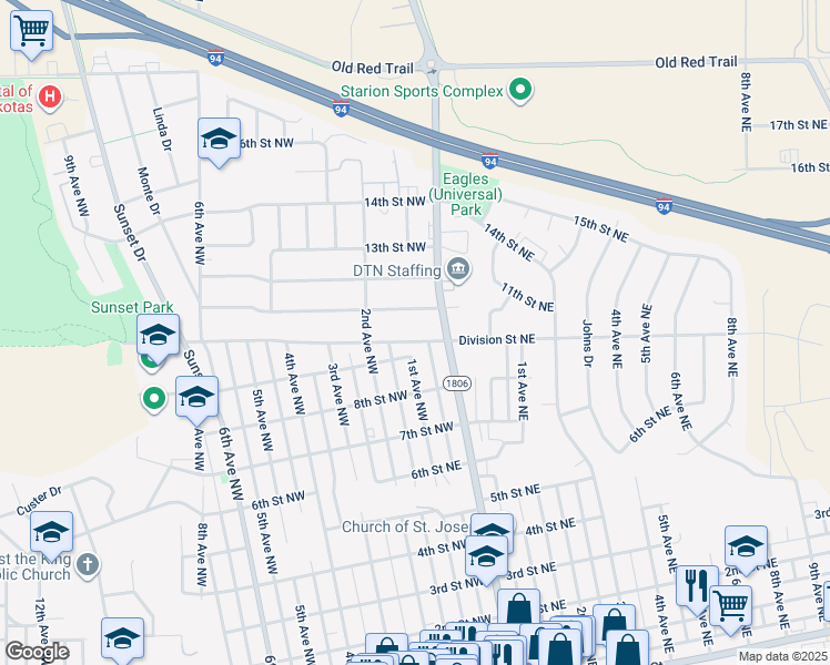 map of restaurants, bars, coffee shops, grocery stores, and more near 100-148 Division Street Northwest in Mandan
