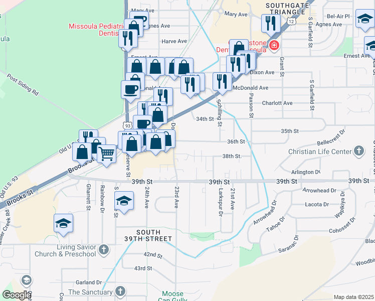map of restaurants, bars, coffee shops, grocery stores, and more near 2235 36th Street in Missoula