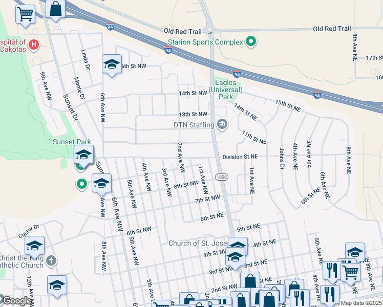 map of restaurants, bars, coffee shops, grocery stores, and more near 202 Division Street Northwest in Mandan