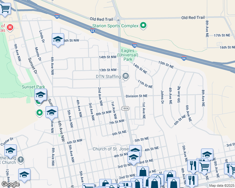 map of restaurants, bars, coffee shops, grocery stores, and more near 100 Division Street Northwest in Mandan