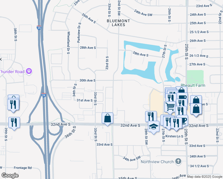 map of restaurants, bars, coffee shops, grocery stores, and more near 3061 32nd Street Southwest in Fargo