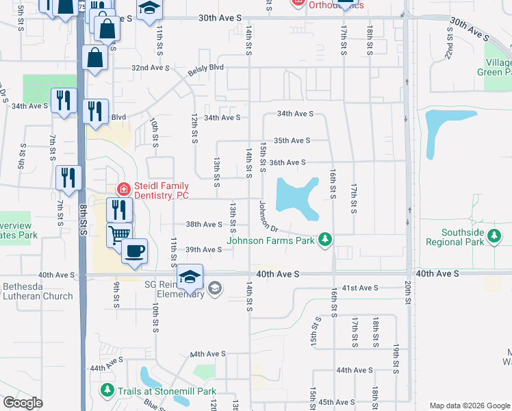 map of restaurants, bars, coffee shops, grocery stores, and more near 3705 15th Street South in Moorhead