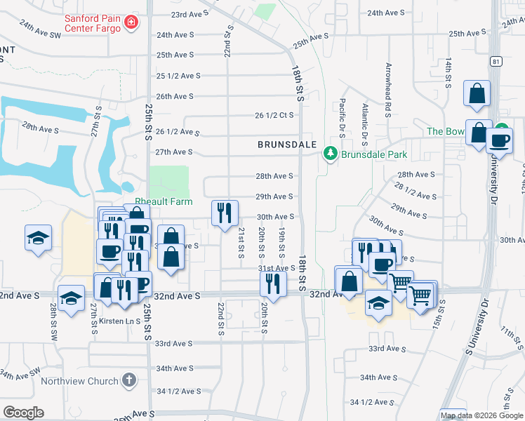 map of restaurants, bars, coffee shops, grocery stores, and more near 2001 30th Ave S in Fargo