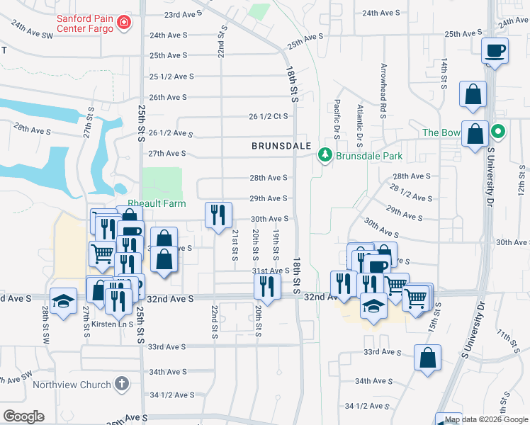 map of restaurants, bars, coffee shops, grocery stores, and more near 2001 30th Avenue South in Fargo