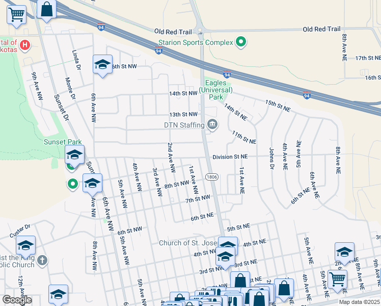 map of restaurants, bars, coffee shops, grocery stores, and more near 202 Division Street Northwest in Mandan