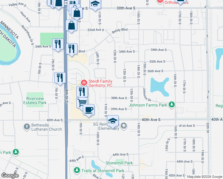 map of restaurants, bars, coffee shops, grocery stores, and more near 1105 37th Avenue South in Moorhead