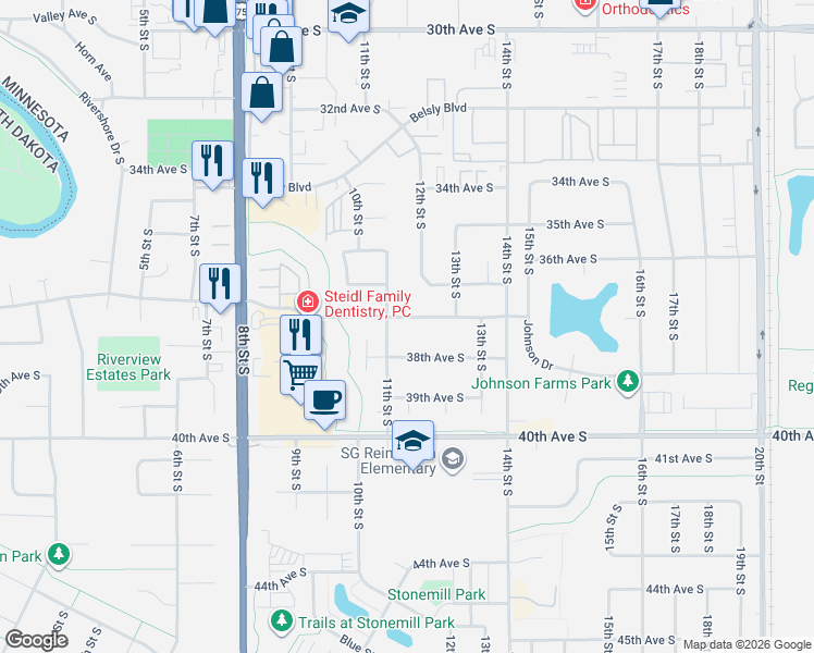 map of restaurants, bars, coffee shops, grocery stores, and more near 1105 37th Avenue South in Moorhead