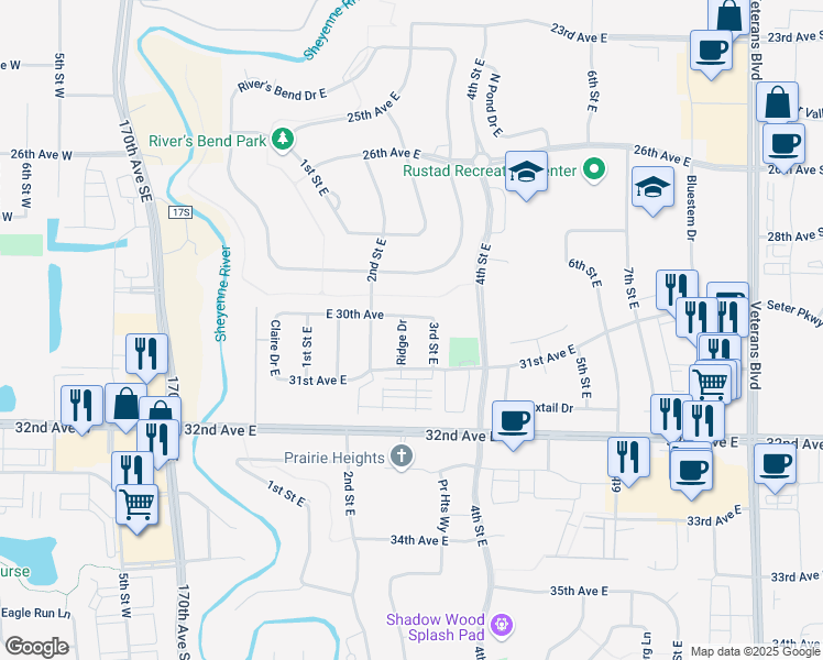 map of restaurants, bars, coffee shops, grocery stores, and more near 3010 Ridge Drive in West Fargo