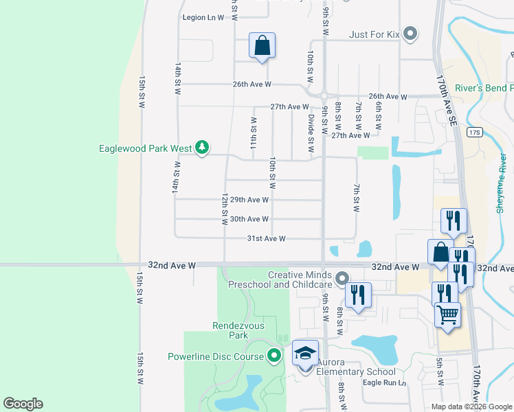 map of restaurants, bars, coffee shops, grocery stores, and more near 1031 29th Avenue West in West Fargo