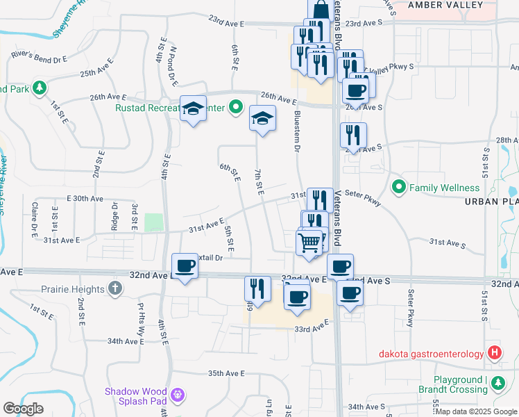map of restaurants, bars, coffee shops, grocery stores, and more near 3104 7th Street East in Fargo