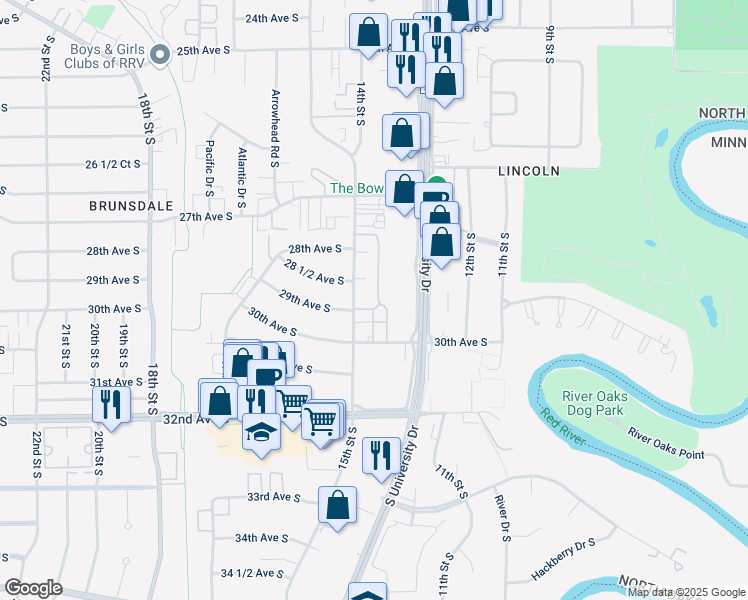 map of restaurants, bars, coffee shops, grocery stores, and more near 2842 15th Street South in Fargo