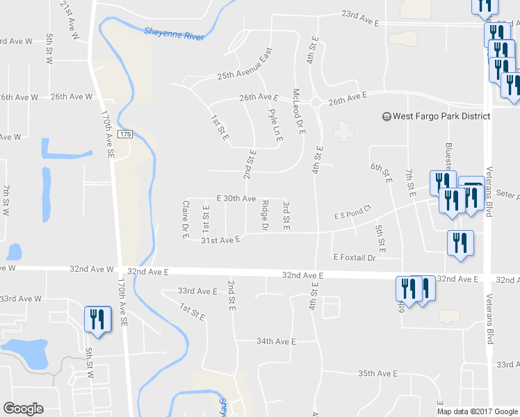 map of restaurants, bars, coffee shops, grocery stores, and more near 3010 Ridge Drive in West Fargo