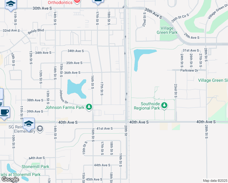 map of restaurants, bars, coffee shops, grocery stores, and more near 3747 19th Street South in Moorhead