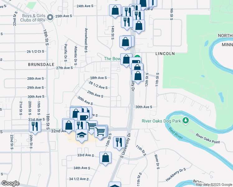 map of restaurants, bars, coffee shops, grocery stores, and more near 2842 15th Street South in Fargo