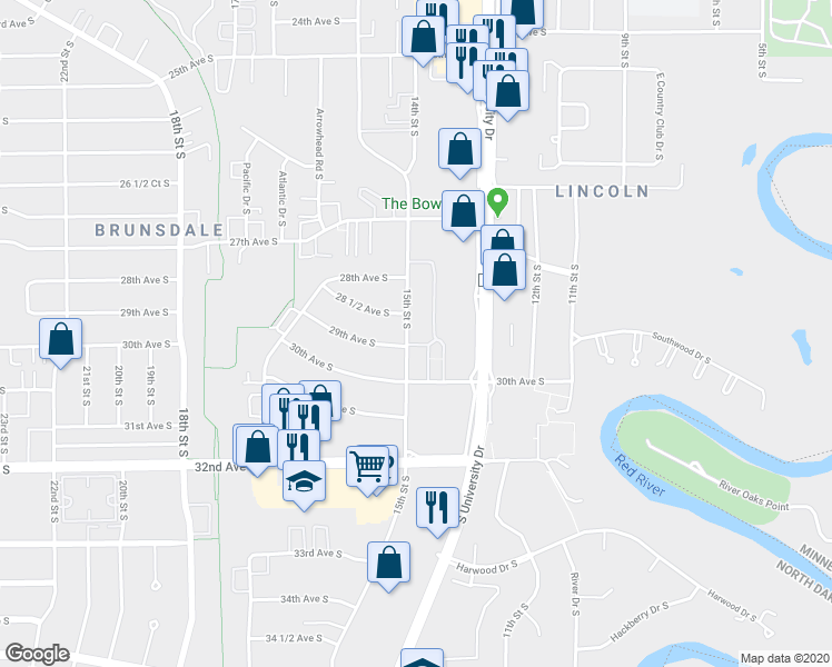 map of restaurants, bars, coffee shops, grocery stores, and more near 2842 15th Street South in Fargo