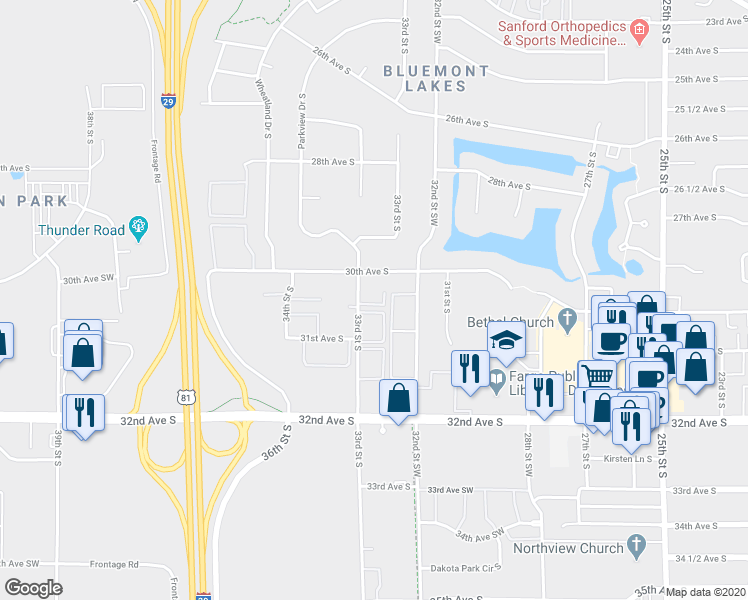 map of restaurants, bars, coffee shops, grocery stores, and more near 3060 33rd Street South in Fargo