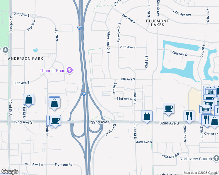map of restaurants, bars, coffee shops, grocery stores, and more near 3020 36th Street South in Fargo