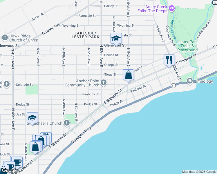 map of restaurants, bars, coffee shops, grocery stores, and more near 5220 Colorado Street in Duluth