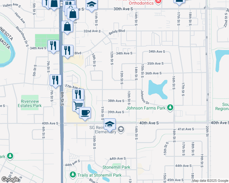 map of restaurants, bars, coffee shops, grocery stores, and more near 1203 37th Avenue South in Moorhead