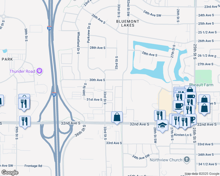 map of restaurants, bars, coffee shops, grocery stores, and more near 3060 33rd Street South in Fargo