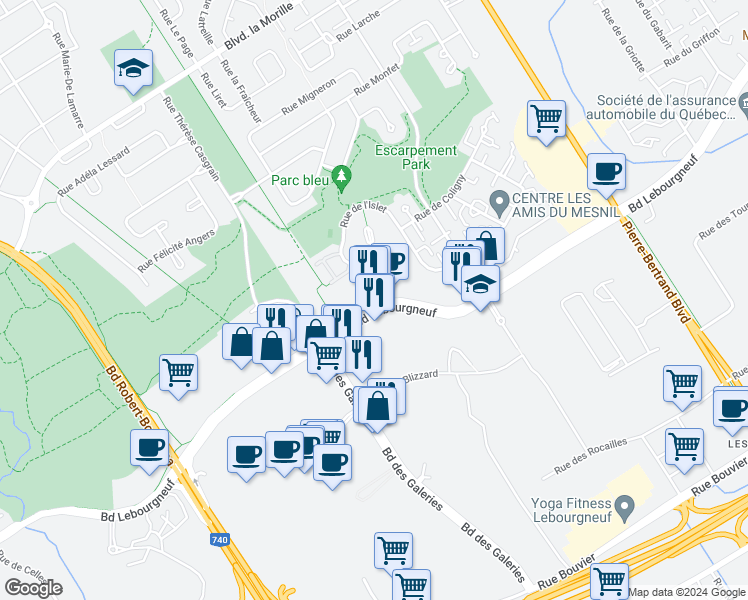 map of restaurants, bars, coffee shops, grocery stores, and more near 1280 Boulevard Lebourgneuf in Québec
