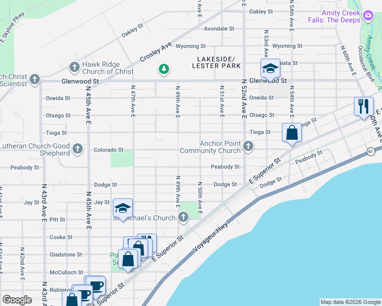map of restaurants, bars, coffee shops, grocery stores, and more near 4908 Colorado Street in Duluth