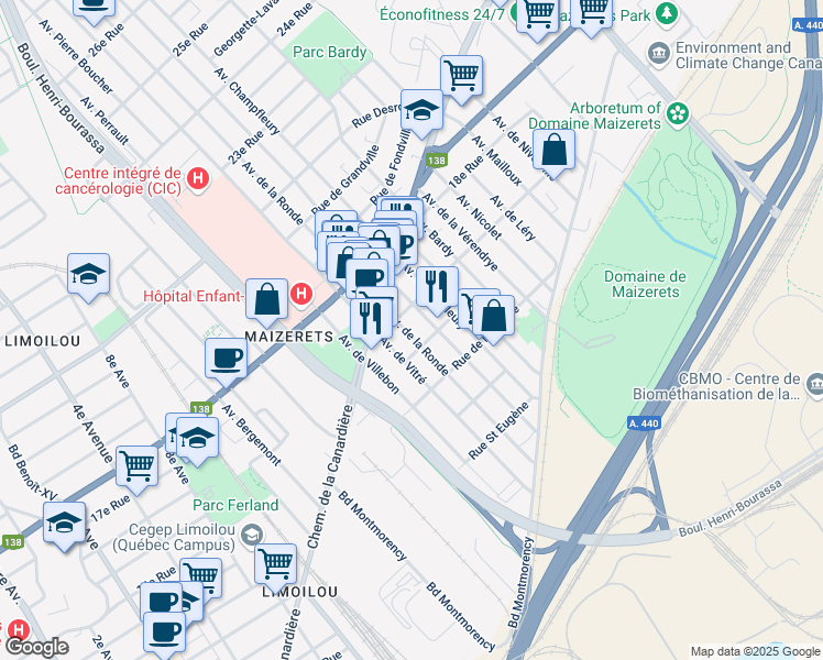 map of restaurants, bars, coffee shops, grocery stores, and more near 1540 Avenue de la Ronde in Quebec