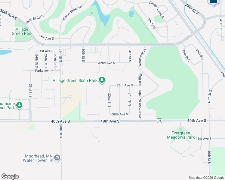 map of restaurants, bars, coffee shops, grocery stores, and more near 3628 32nd Street South in Moorhead