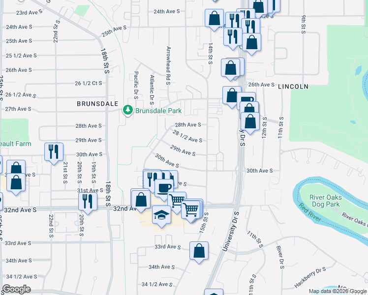 map of restaurants, bars, coffee shops, grocery stores, and more near 1601 29th Avenue South in Fargo