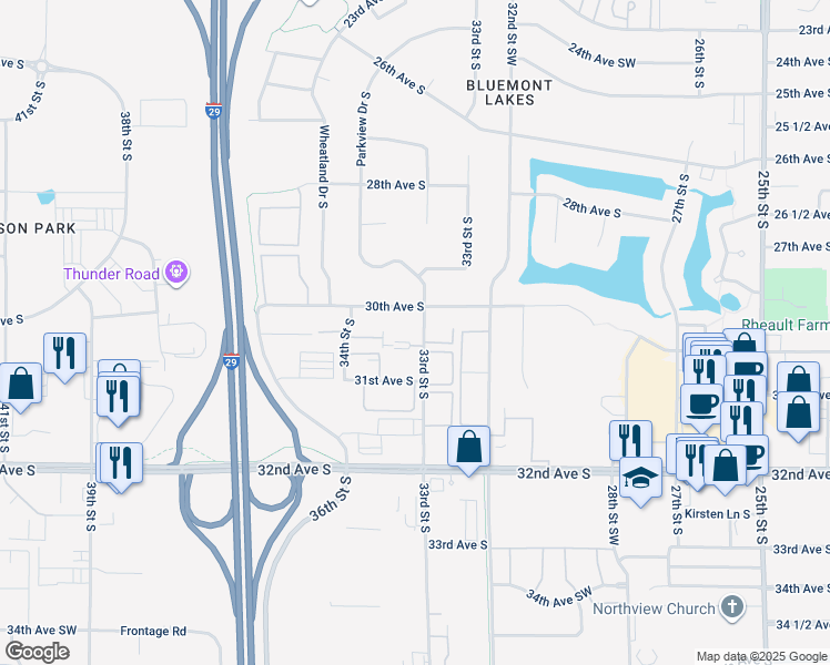 map of restaurants, bars, coffee shops, grocery stores, and more near 3031 33rd Street Southwest in Fargo