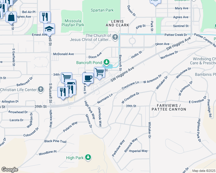 map of restaurants, bars, coffee shops, grocery stores, and more near 801 Crestmont Way in Missoula