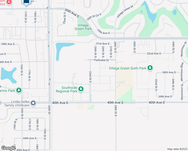 map of restaurants, bars, coffee shops, grocery stores, and more near 3447 25th Street South in Moorhead