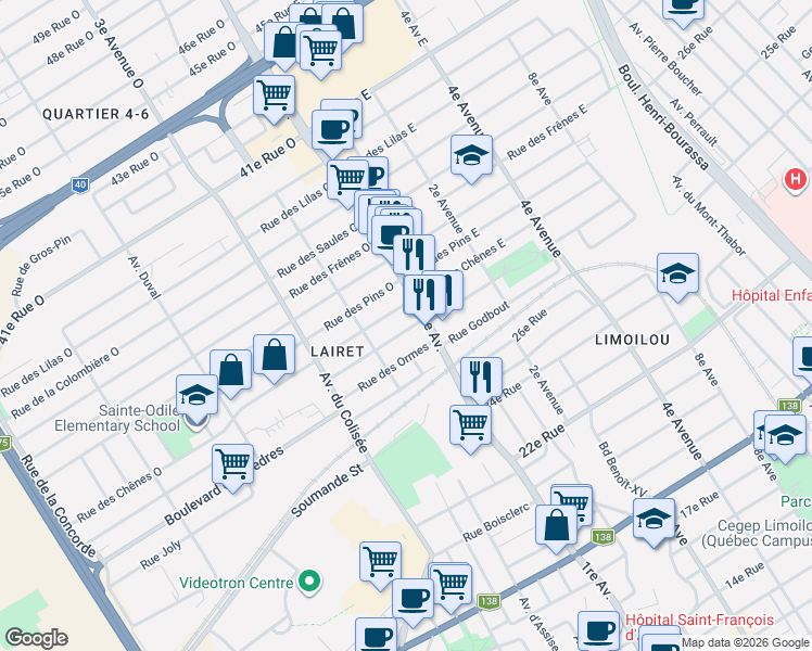 map of restaurants, bars, coffee shops, grocery stores, and more near 12 Rue des Bouleaux Ouest in Québec