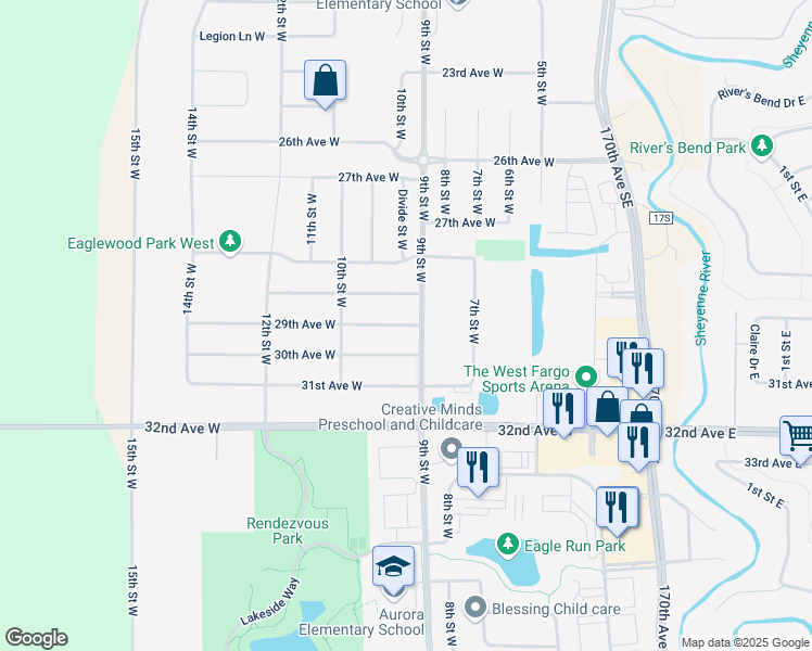 map of restaurants, bars, coffee shops, grocery stores, and more near 1031 29th Avenue West in West Fargo