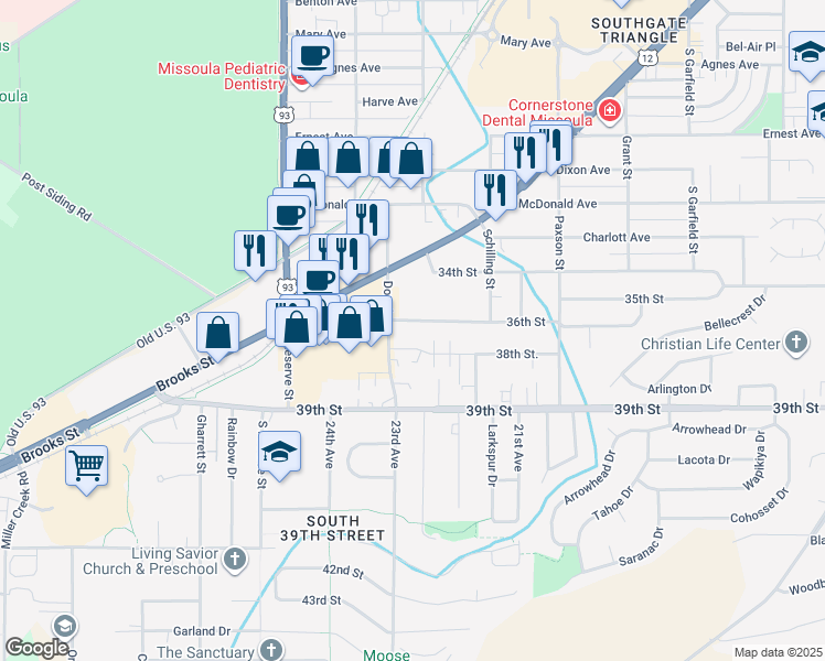 map of restaurants, bars, coffee shops, grocery stores, and more near 2235 36th Street in Missoula