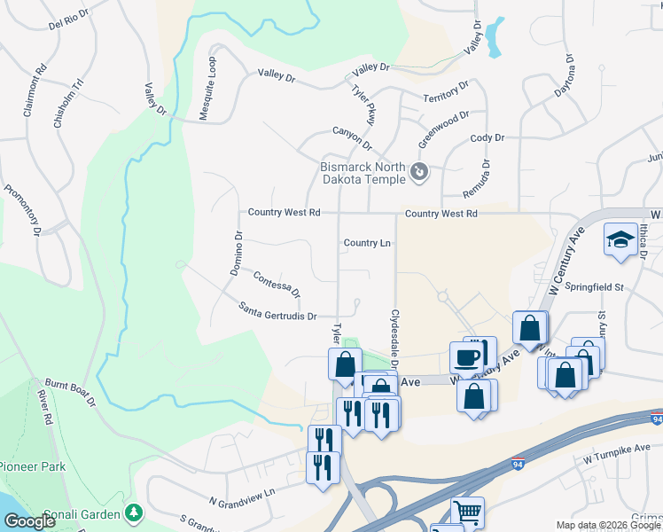 map of restaurants, bars, coffee shops, grocery stores, and more near 2614 Tyler Parkway in Bismarck