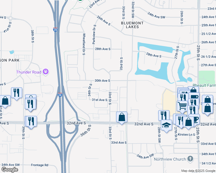 map of restaurants, bars, coffee shops, grocery stores, and more near 3031 33rd Street South in Fargo