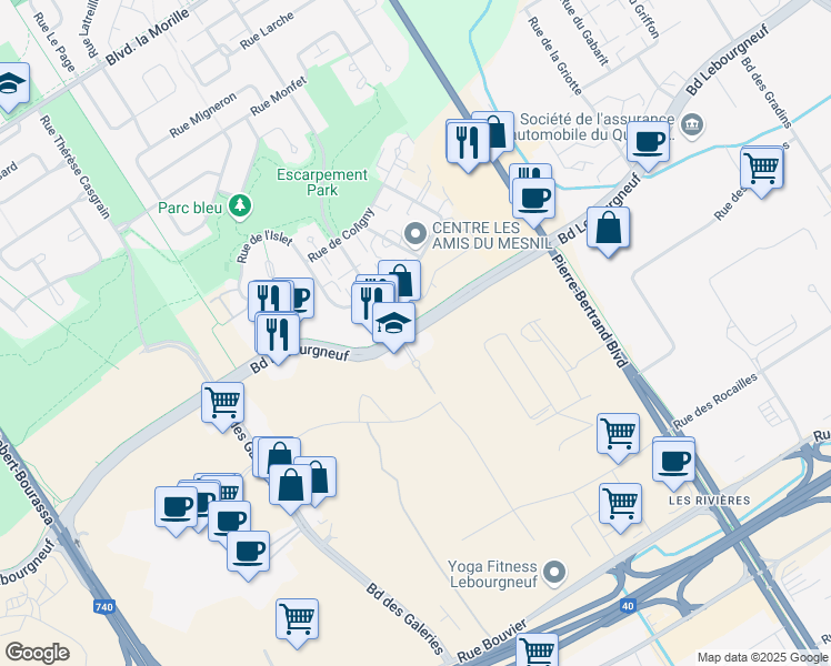 map of restaurants, bars, coffee shops, grocery stores, and more near 1049 Boulevard Lebourgneuf in Ville de Québec