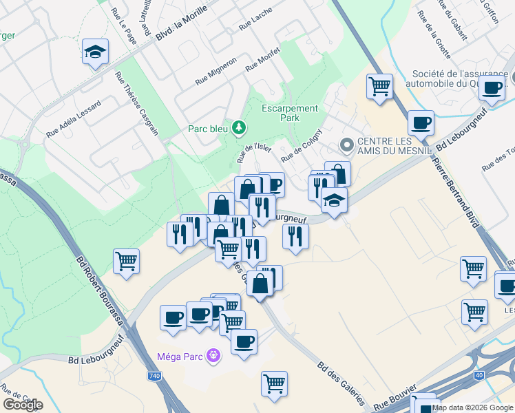 map of restaurants, bars, coffee shops, grocery stores, and more near 1280 Boulevard Lebourgneuf in Québec City
