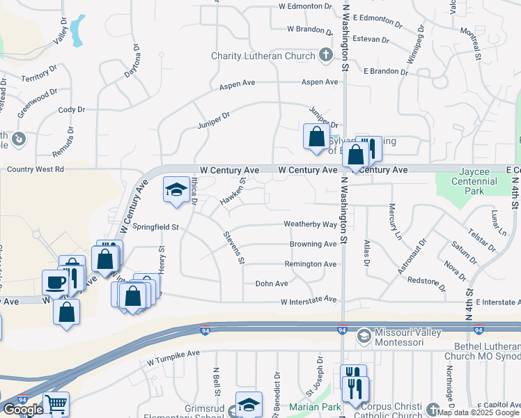 map of restaurants, bars, coffee shops, grocery stores, and more near 518 Weatherby Way in Bismarck